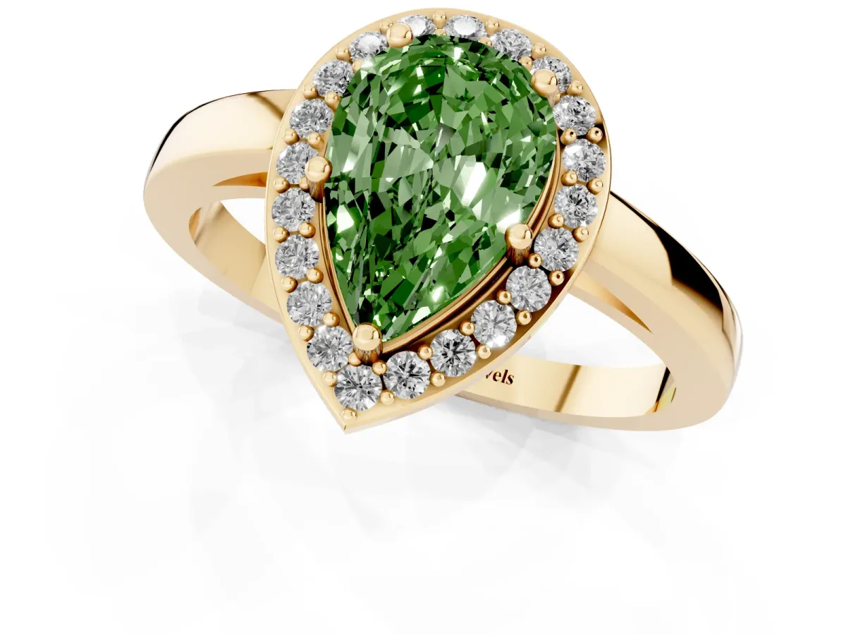 Fancy Green Pear Cut Halo Diamond Ring with Solitaire Band and Prong Setting Yellow gold
