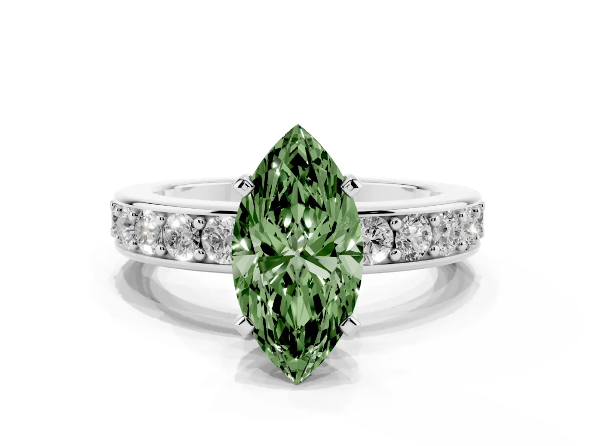Fancy Green Marquise Cut Diamond Engagement Ring with Channel Set Round Band and Prong Setting White gold