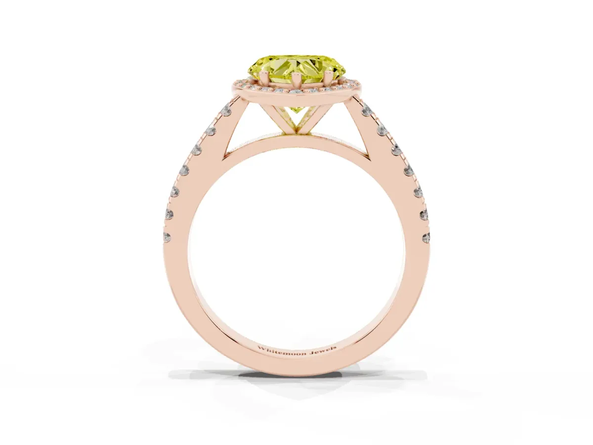 Fancy Yellow Heart Cut Cut Halo Diamond Engagement Ring with Pave Band and Four-Prong Setting Rose gold