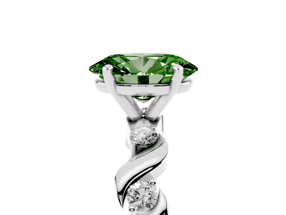 Fancy Green Oval Cut Diamond Solitaire Twisted Band with Round Accents and Prong Setting Silver