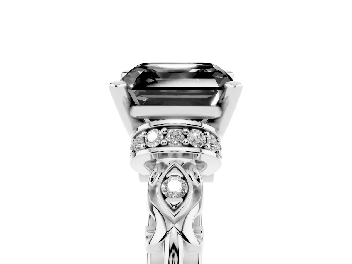 Fancy Black Asscher Cut Diamond Solitaire Ring with Filigree Band and Four-Prong Setting Silver
