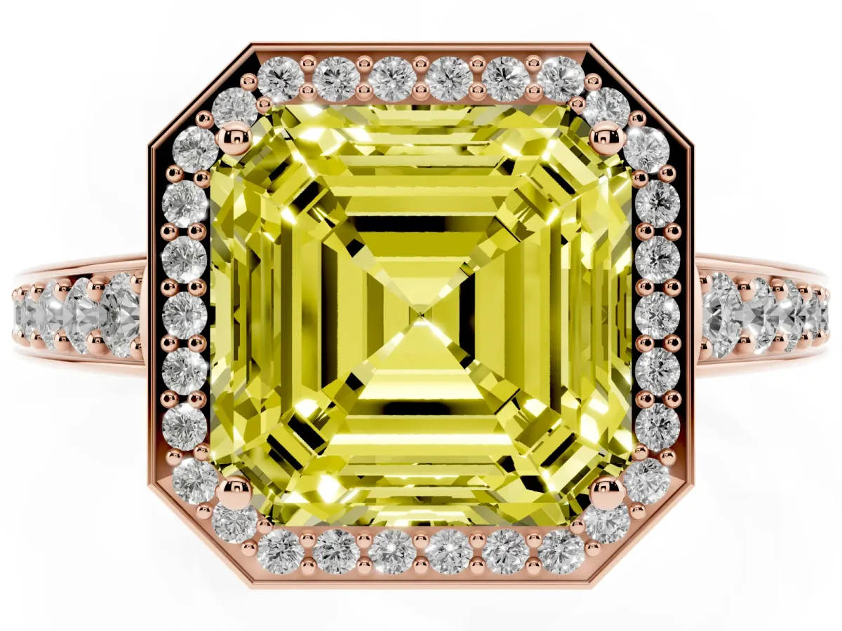 Fancy Yellow Asscher Cut Halo Pavé Diamond Engagement Ring with Bezel Setting Rose gold