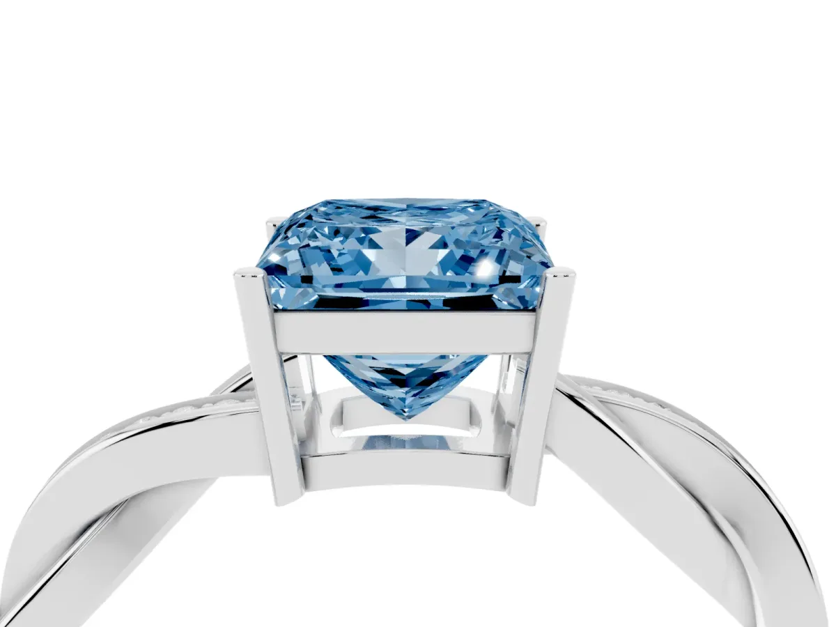 Fancy Blue Princess Cut Solitaire Twisted Pave Diamond Ring with Four-Prong Setting Silver