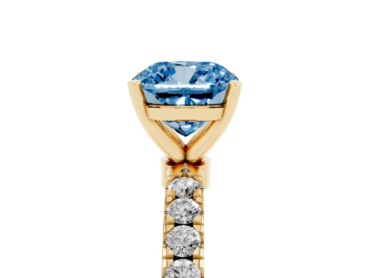 Fancy Blue Cushion Cut Diamond Solitaire Ring with Pavé Accents and Four-Prong Setting Yellow gold