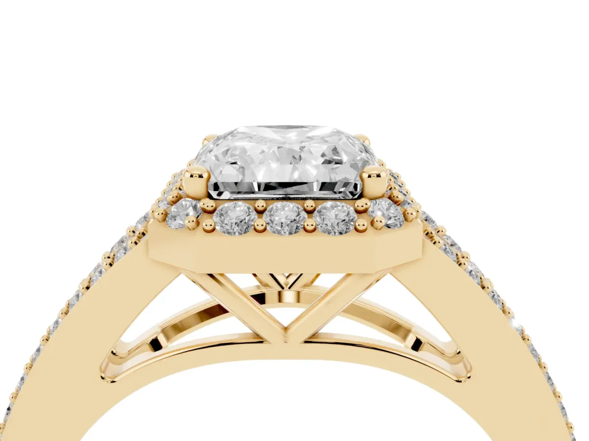 Radiant Cut Halo Split Shank Diamond Ring with Prong Setting Yellow gold