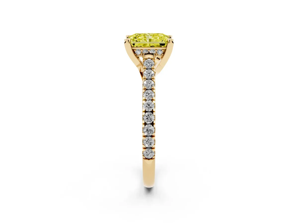 Fancy Yellow Radiant Cut Brilliant Diamond Solitaire with Pavé Band and Four-Prong Setting Yellow gold