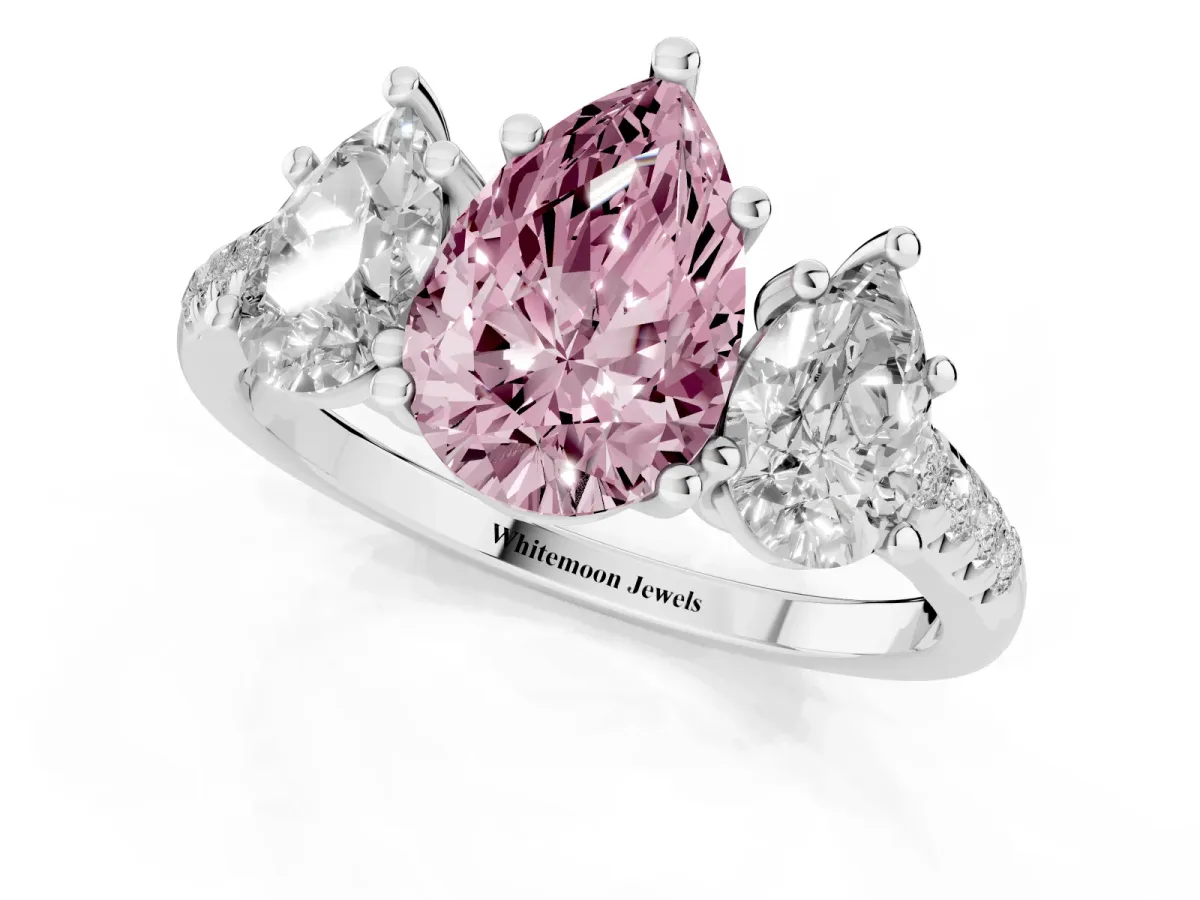 Fancy Pink Three-Stone Pear Cut Diamond Ring with Round Pavé Band and Prong Setting Silver