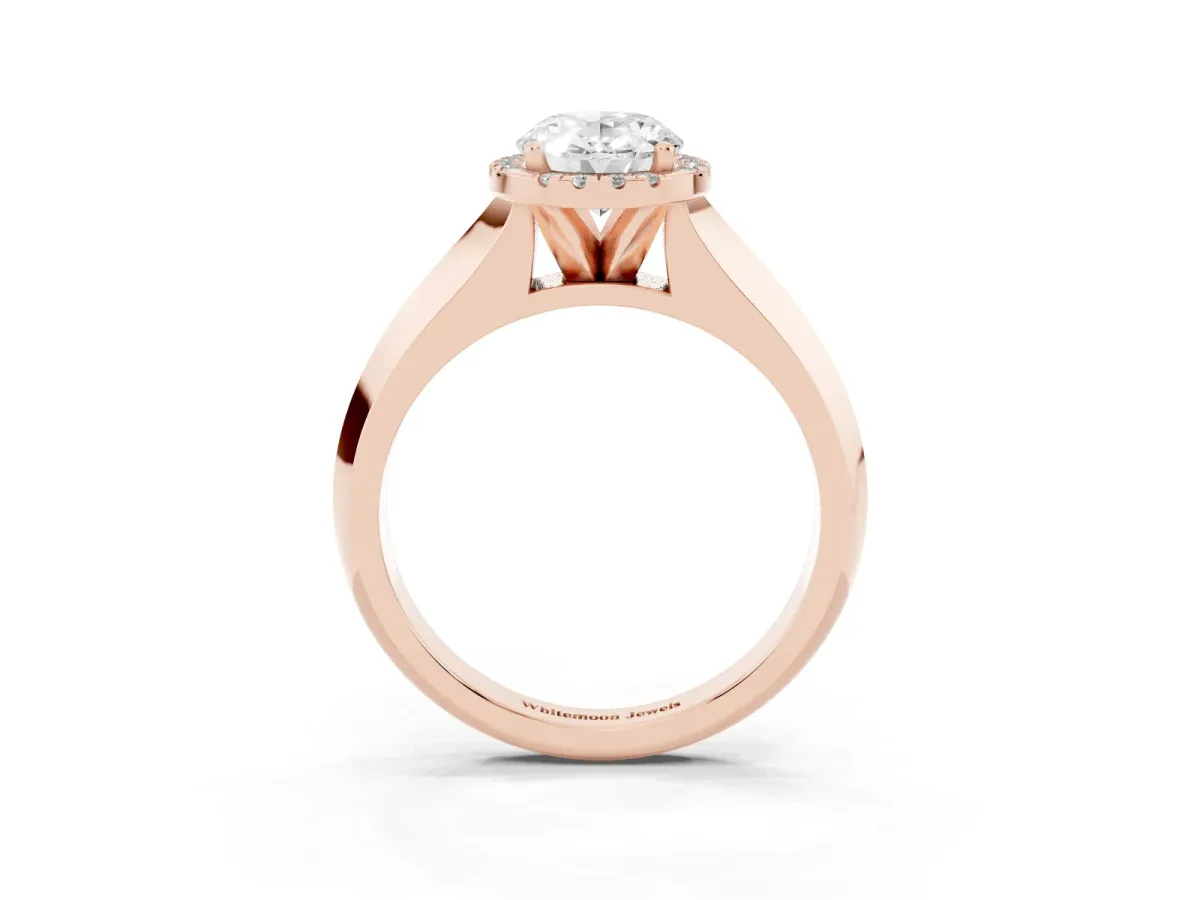 Oval Cut Halo Diamond Ring with Cathedral Band and Four-Prong Setting Rose gold