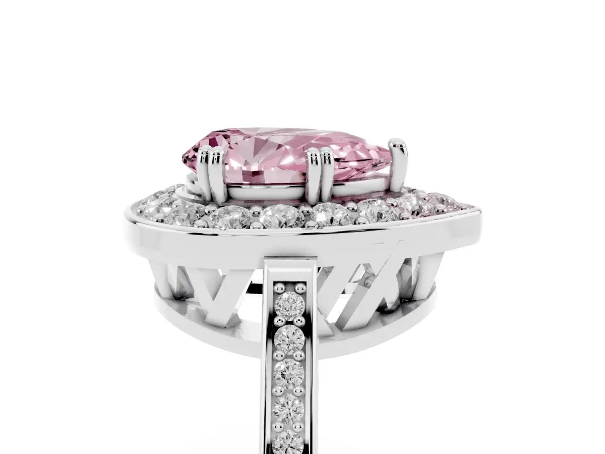 Fancy Pink Pear Cut Diamond Halo Ring with Split Shank and Four-Prong Setting Platinum