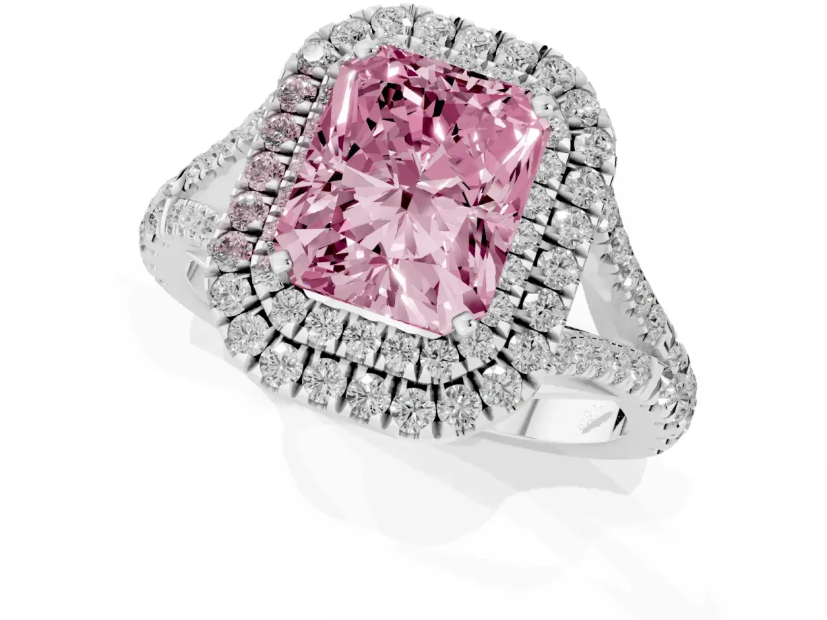 Fancy Pink Radiant Cut Diamond Pavé Split Shank Double Halo Engagement Ring Silver