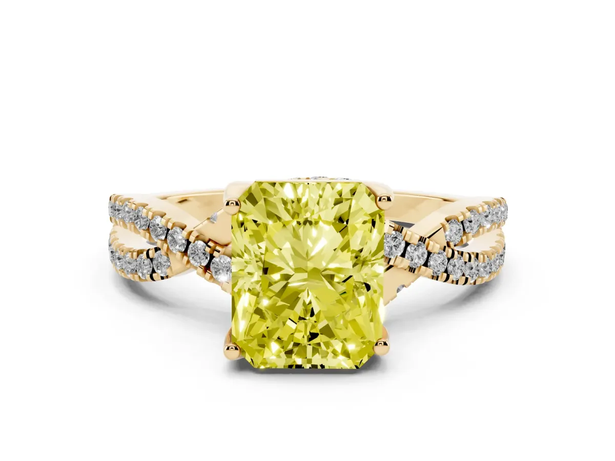 Fancy Yellow Radiant Cut Solitaire Twist Pave Diamond Engagement Ring with Prong Setting Yellow gold