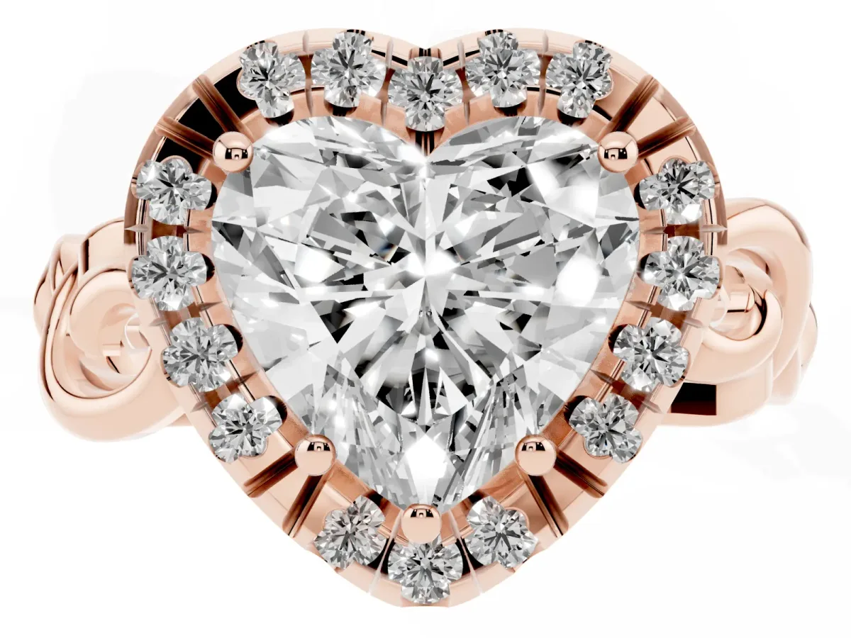 Heart Cut Cut Halo Diamond Ring with Scrollwork Band and Four-Prong Setting Rose gold