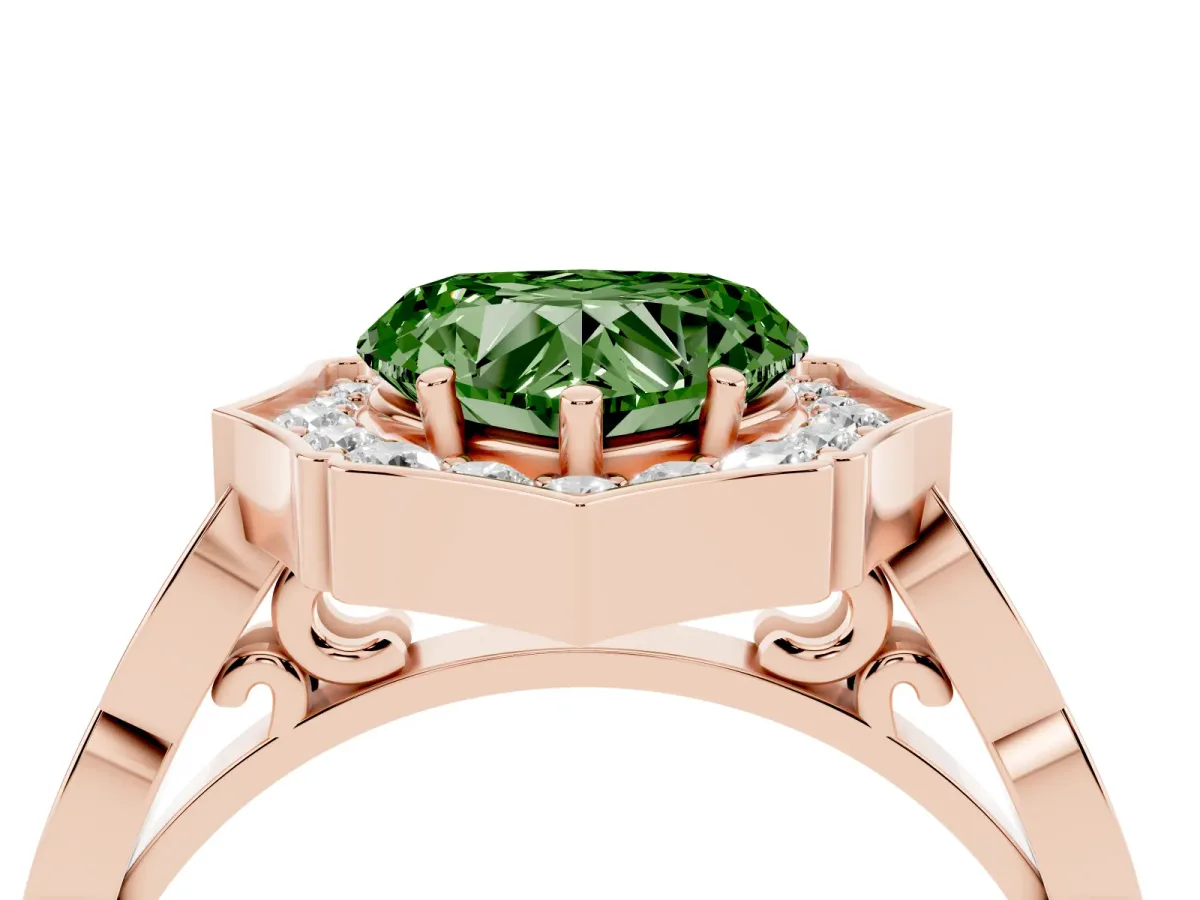 Fancy Green Heart Cut Halo Diamond Engagement Ring with Milgrain Band and Four-Prong Setting Rose gold