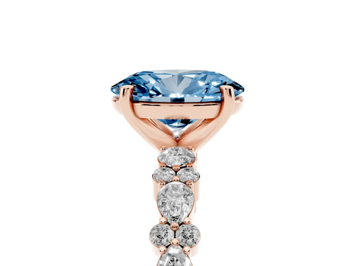 Fancy Blue Oval Cut Diamond Side Stone Solitaire Ring with Round and Four-Prong Setting Rose gold