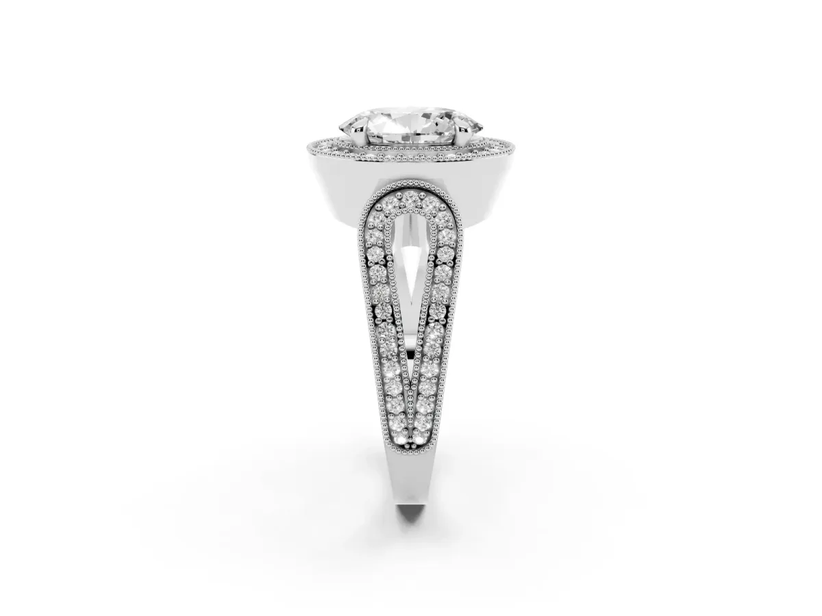 Oval Cut Halo Split Shank Milgrain Diamond Ring White gold