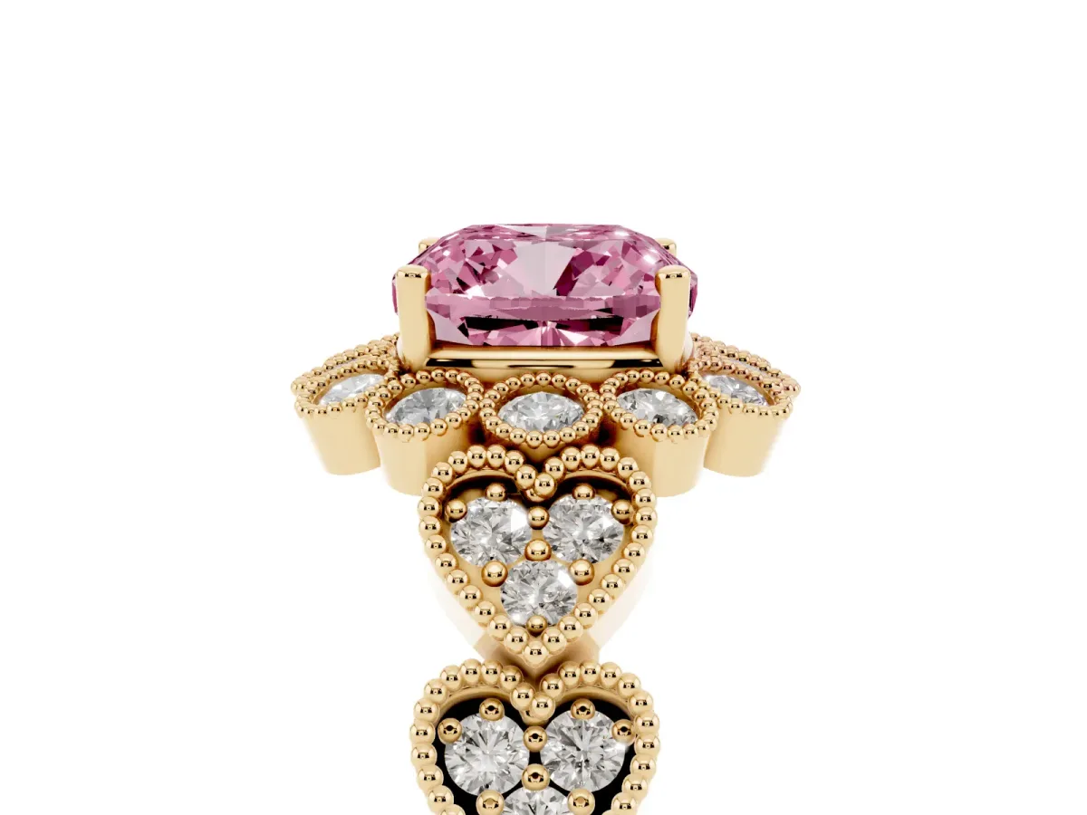 Fancy Pink Cushion Cut Brilliant Milgrain Pave Heart Band Solitaire Ring Yellow gold