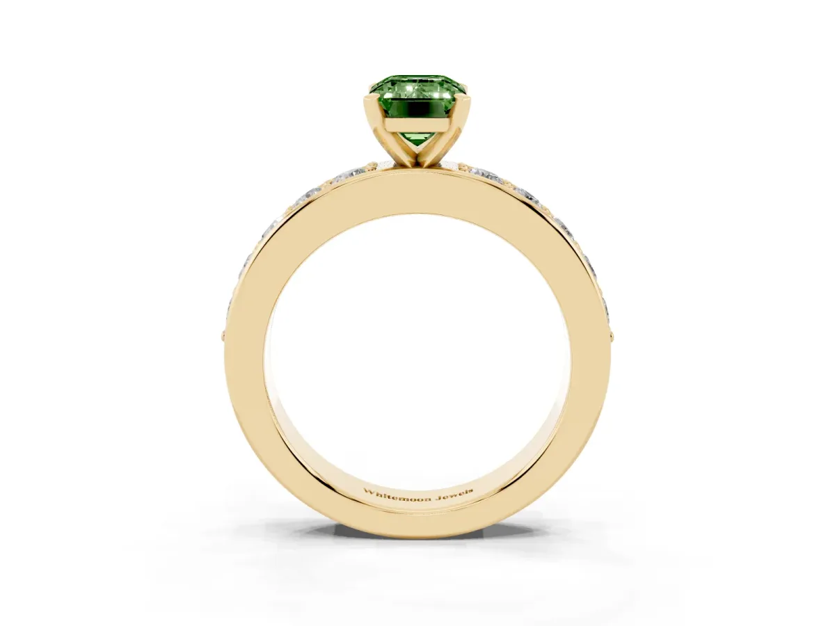 Fancy Green Emerald Cut Diamond Engagement Ring with Channel Set Round Band and Prong Setting Yellow gold