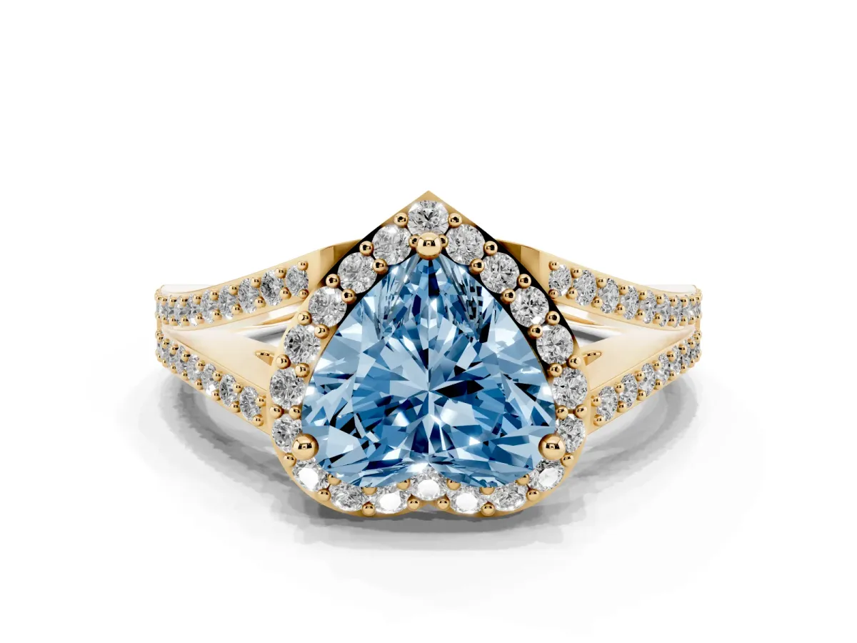 Fancy Blue Heart Cut Halo Split Shank Diamond Ring with Prong Setting Yellow gold