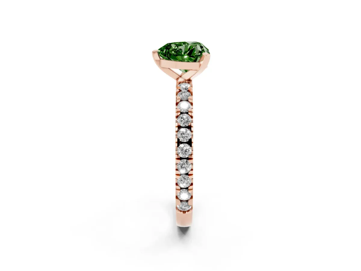 Fancy Green Heart Cut Diamond Pavé Band Solitaire with Four-Prong Setting Rose gold