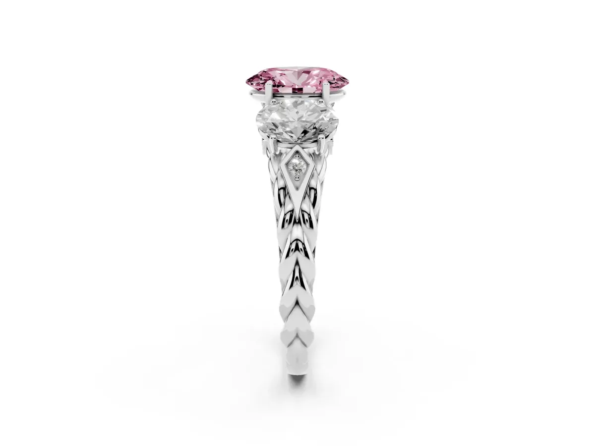 Fancy Pink Three-Stone Oval Cut Diamond Braided Band Ring with Four-Prong Setting White gold