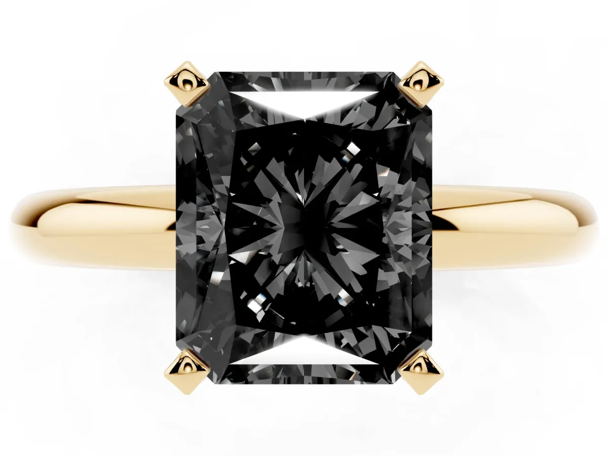 Fancy Black Radiant Cut Diamond Solitaire Engagement Ring with Round Band and Four-Prong Setting Yellow gold