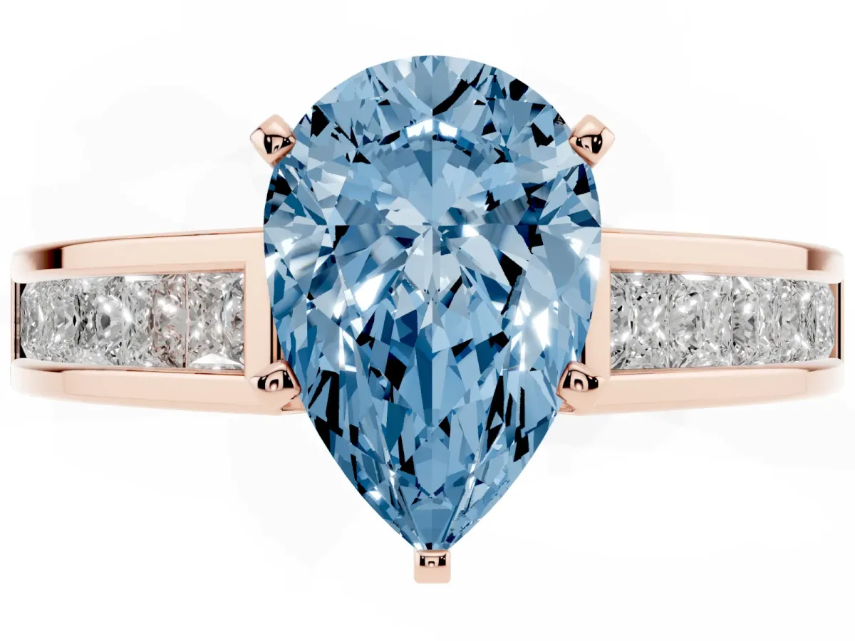 Fancy Blue Pear Cut Solitaire Diamond Ring with Channel-Set Band and Four-Prong Setting Rose gold