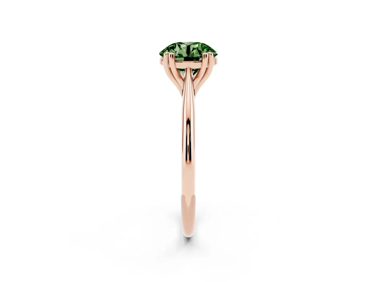 Fancy Green Round Cut Solitaire Diamond Ring with Six-Prong Setting and Classic Band Rose gold