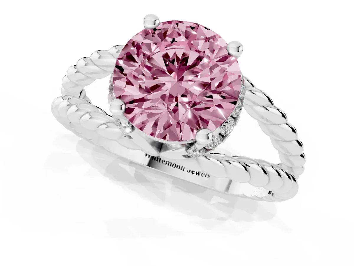 Fancy Pink Round Cut Halo Twisted Band Four-Prong Ring Silver