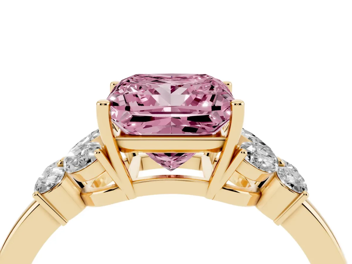 Fancy Pink Princess Cut Cut Solitaire Floral Diamond Ring with Four-Prong Setting Yellow gold