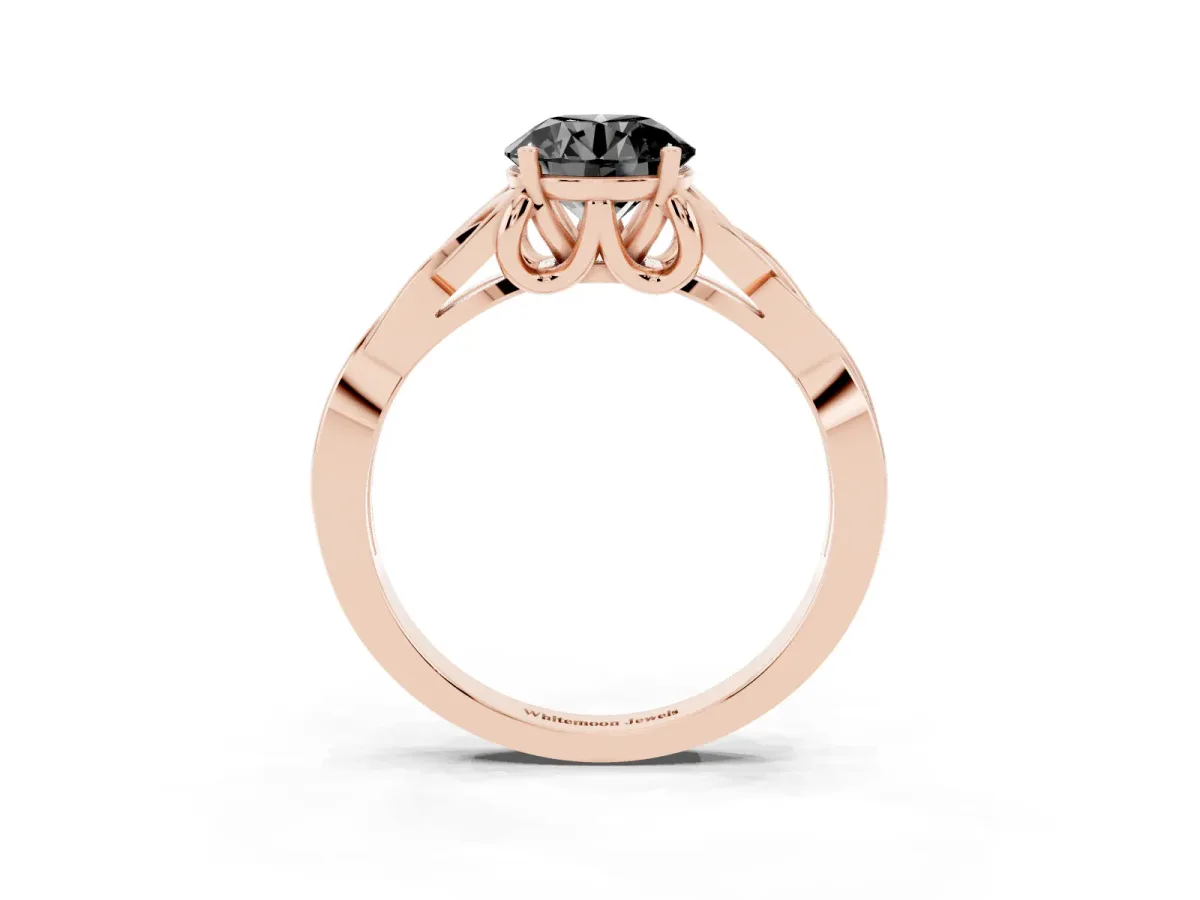 Fancy Black Round Cut Diamond Solitaire Engagement Ring with Celtic Knot Band and Four-Prong Setting Rose gold