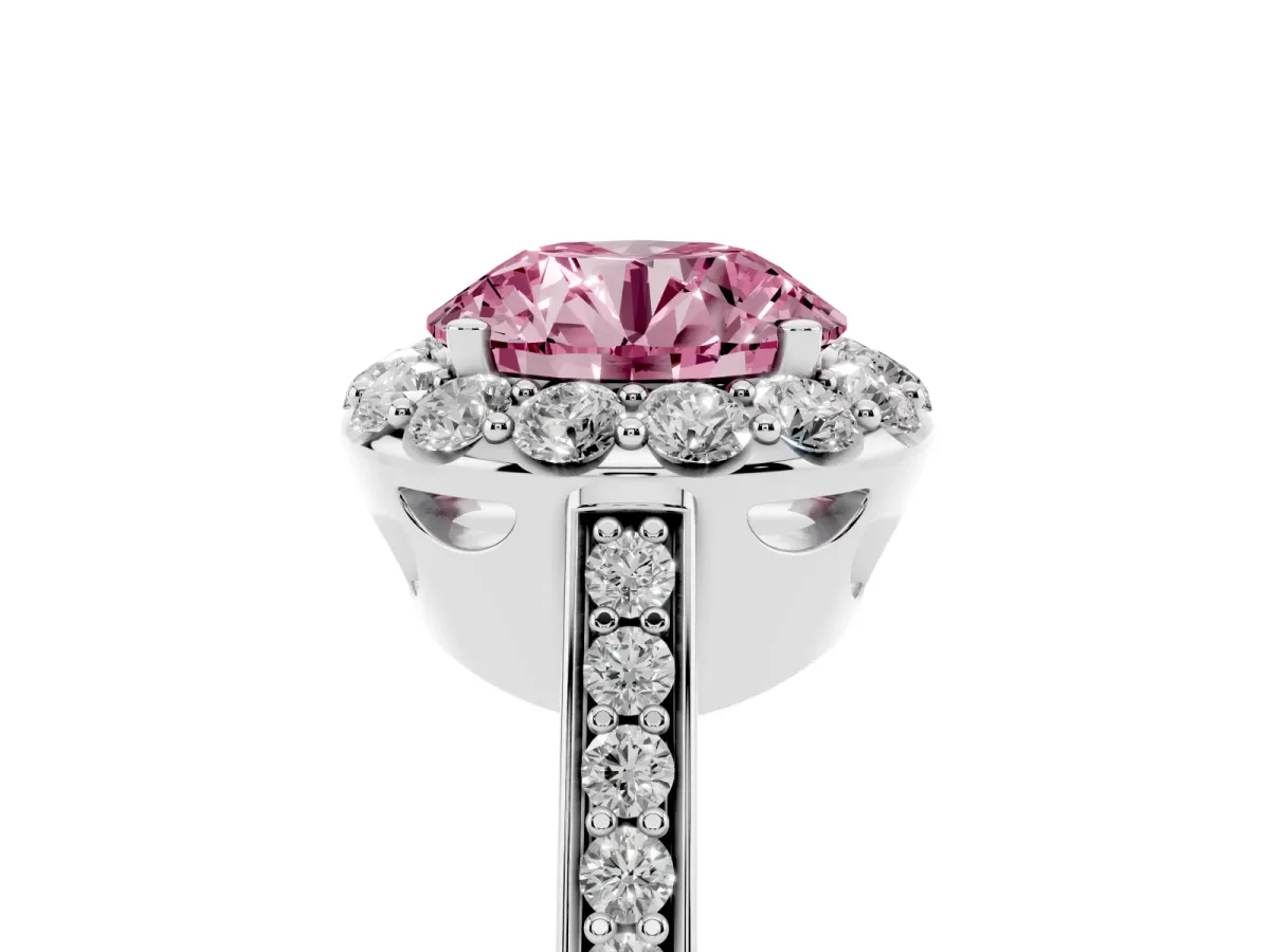 Fancy Pink Round Cut Diamond Floral Halo Ring with Pavé Band and Prong Setting White gold