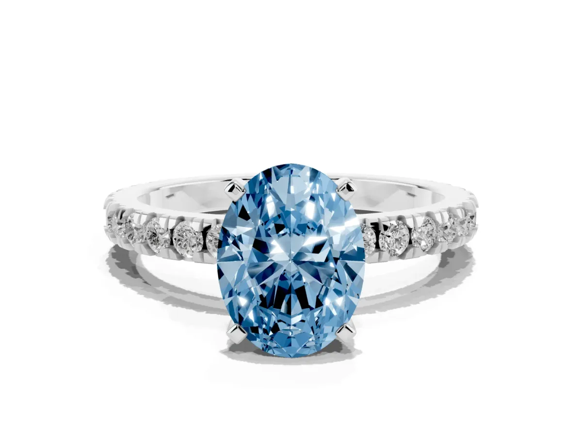 Fancy Blue Oval Cut Diamond Pavé Band Solitaire with Four-Prong Setting Silver