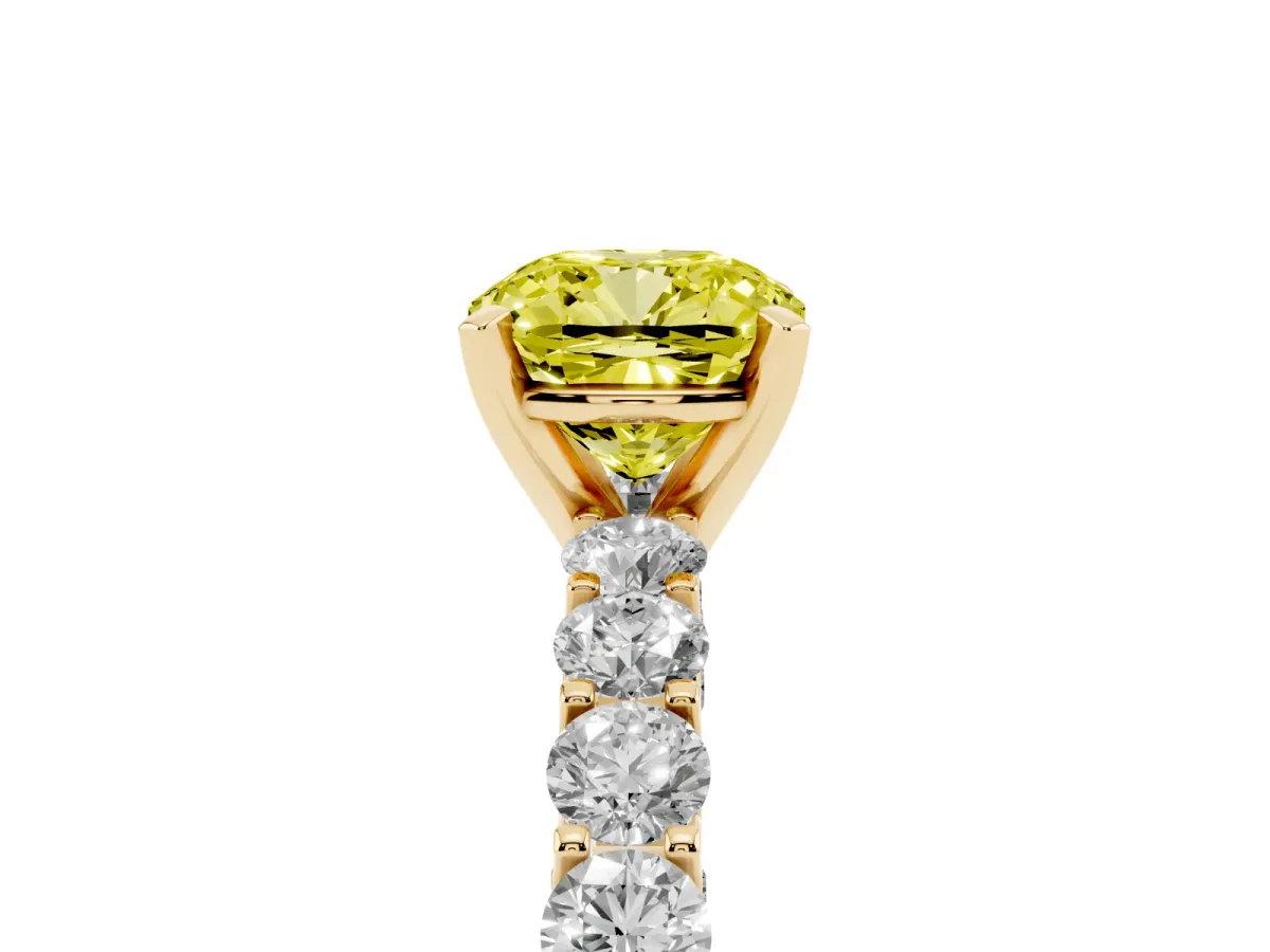 Fancy Yellow Cushion Cut Diamond Solitaire Ring with Shared Prong Pavé Band and Four-Prong Setting Yellow gold
