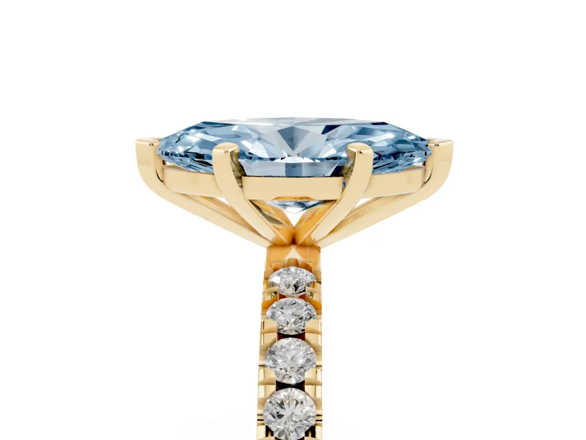Fancy Blue Marquise Cut Diamond Pavé Band Solitaire with Four-Prong Setting Yellow gold