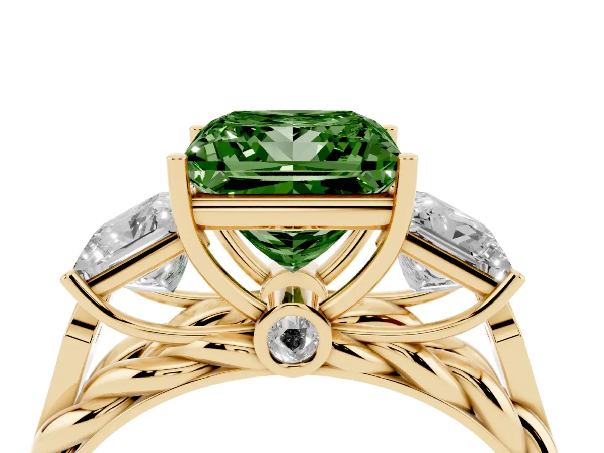 Fancy Green Three-Stone Princess Cut Diamond Braided Band Ring with Four-Prong Setting Yellow gold