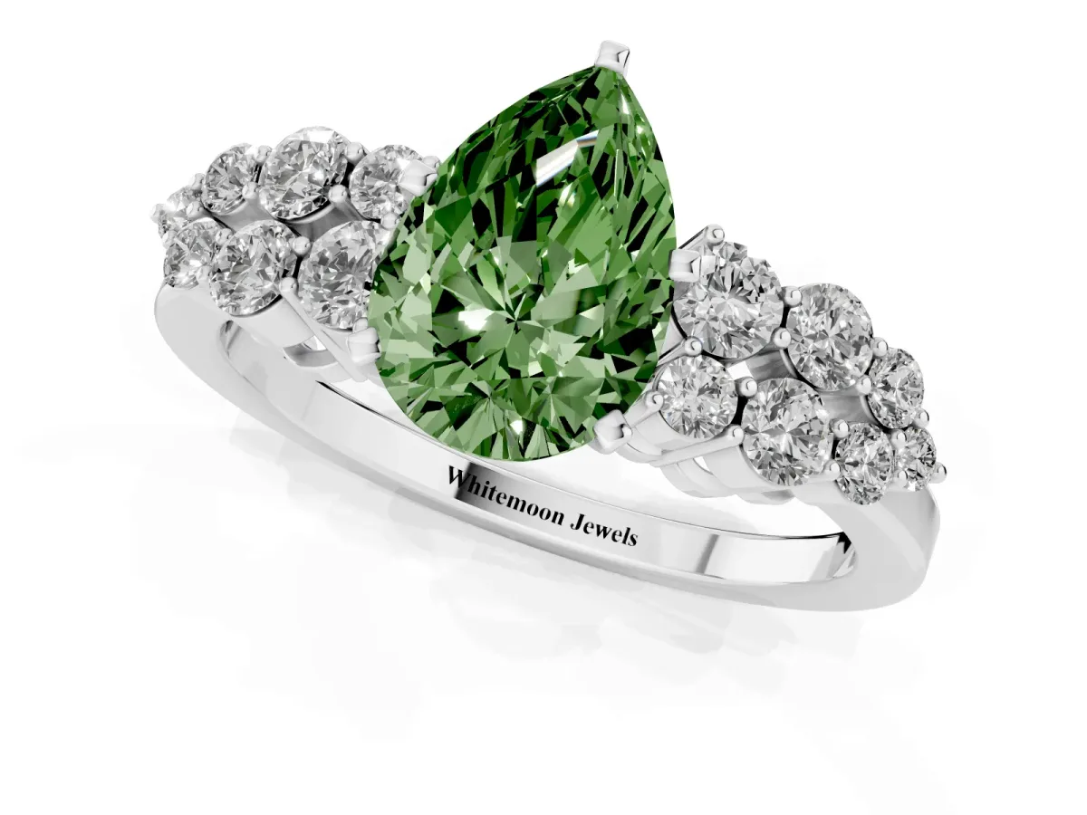 Fancy Green Pear Cut Cluster Diamond Engagement Ring with Pavé Band and Four-Prong Setting White gold