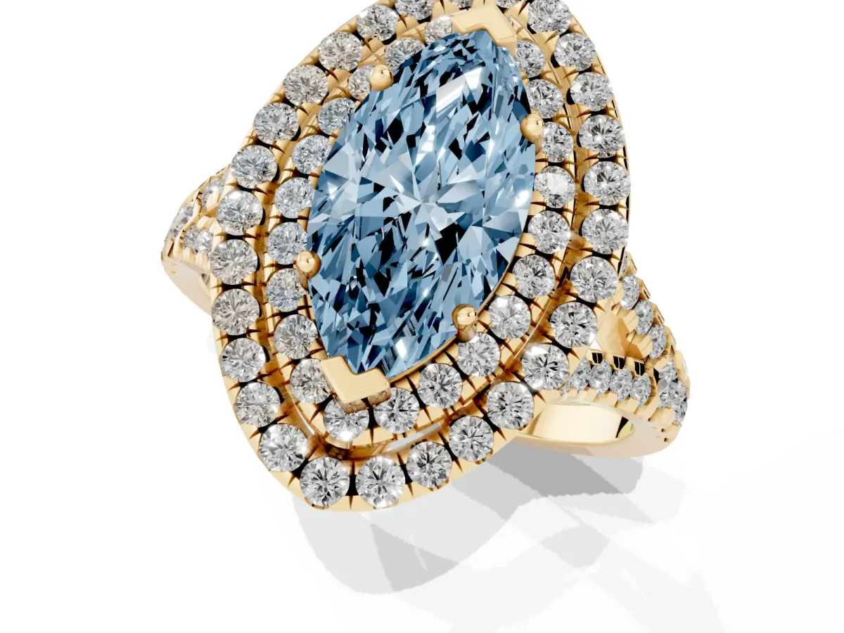 Fancy Blue Double Halo Marquise Cut Diamond Pavé Split Shank Ring with Prong Setting Yellow gold