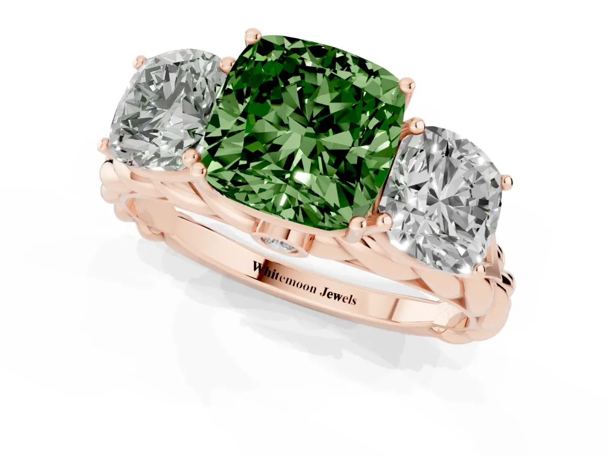 Fancy Green Three-Stone Cushion Cut Diamond Braided Band Ring with Four-Prong Setting Rose gold