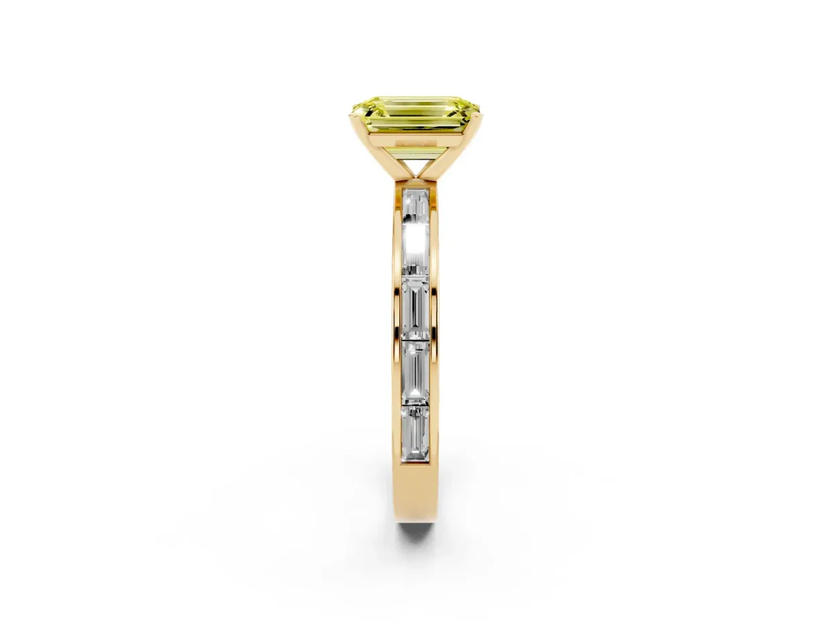 Fancy Yellow Emerald Cut Solitaire Diamond Ring with Channel-Set Baguette Band and Four-Prong Setting Yellow gold