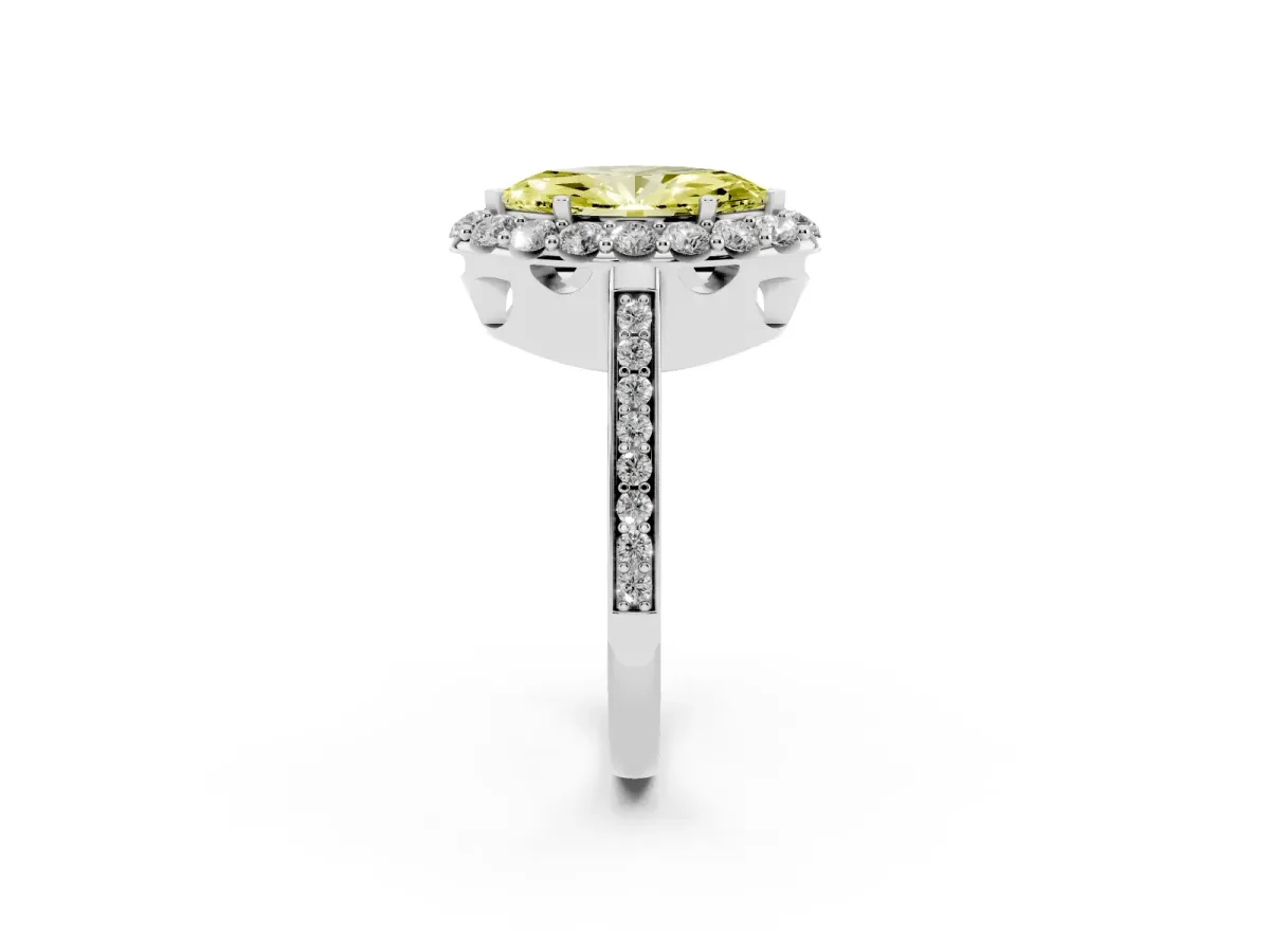 Fancy Yellow Marquise Cut Diamond Floral Halo Ring with Pavé Band and Prong Setting Platinum