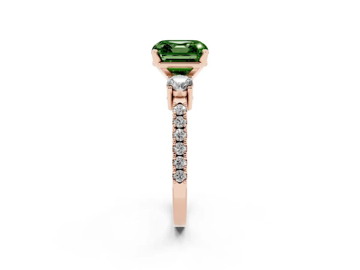 Fancy Green Asscher Cut Three-Stone Diamond Pavé Band with Prong Setting Rose gold