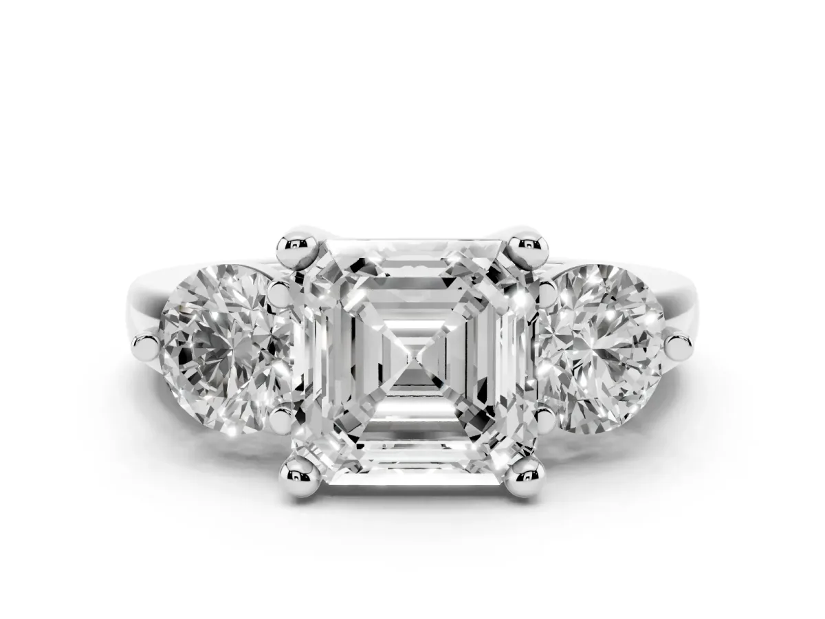 Three-Stone Asscher Cut Brilliant Cut Solitaire Ring with Prong Setting on a Classic Band White gold