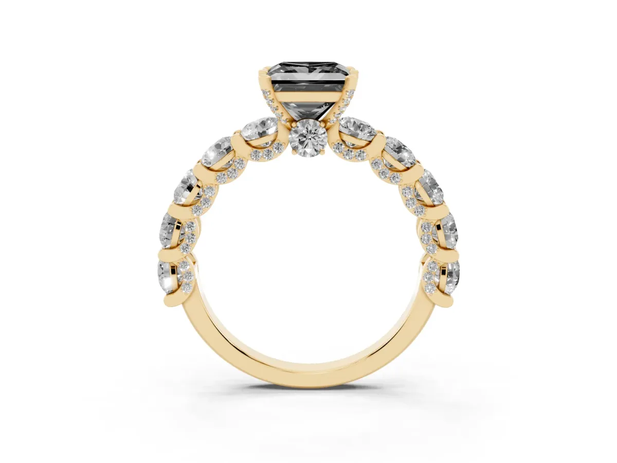 Fancy Black Princess Cut Diamond Side Stone Engagement Ring with Four-Prong Setting Yellow gold