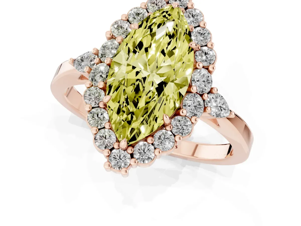 Fancy Yellow Marquise Cut Diamond Halo Ring with Pear Side Stones and Prong Setting Rose gold