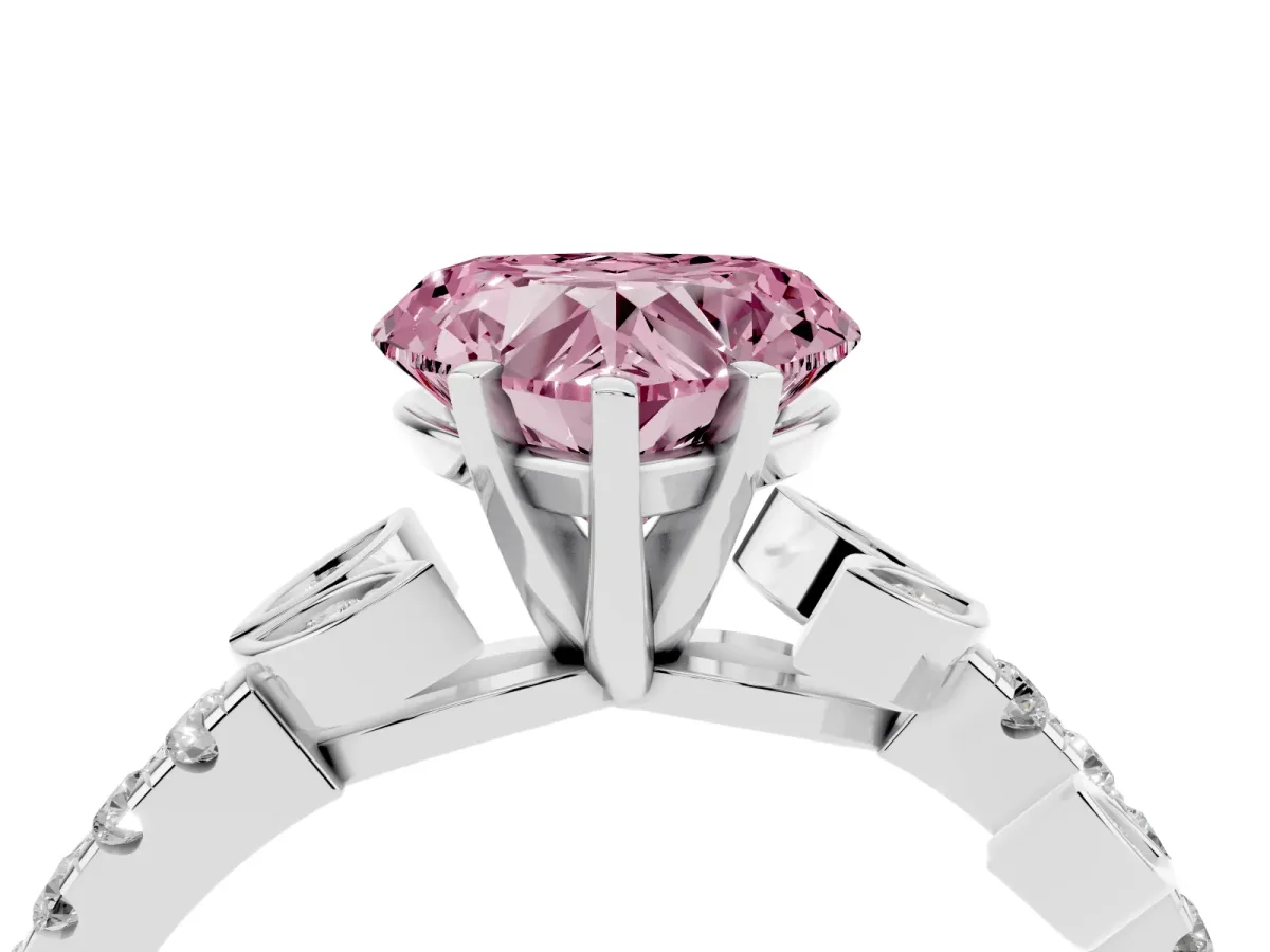 Fancy Pink Heart Cut Solitaire Leaf-Inspired Diamond Ring with Pavé Band and Four-Prong Setting Platinum