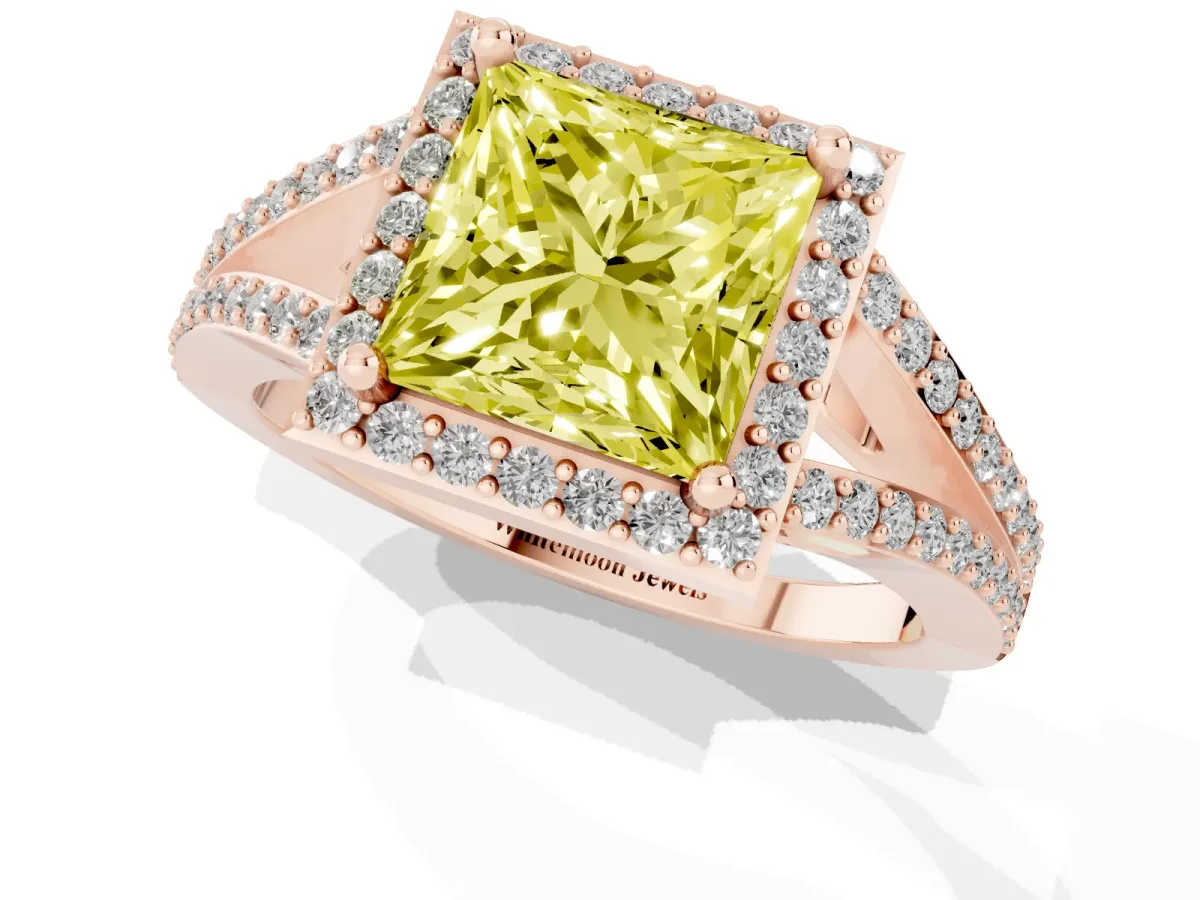 Fancy Yellow Princess Cut Halo Split Shank Pave Diamond Ring with Four-Prong Setting Rose gold