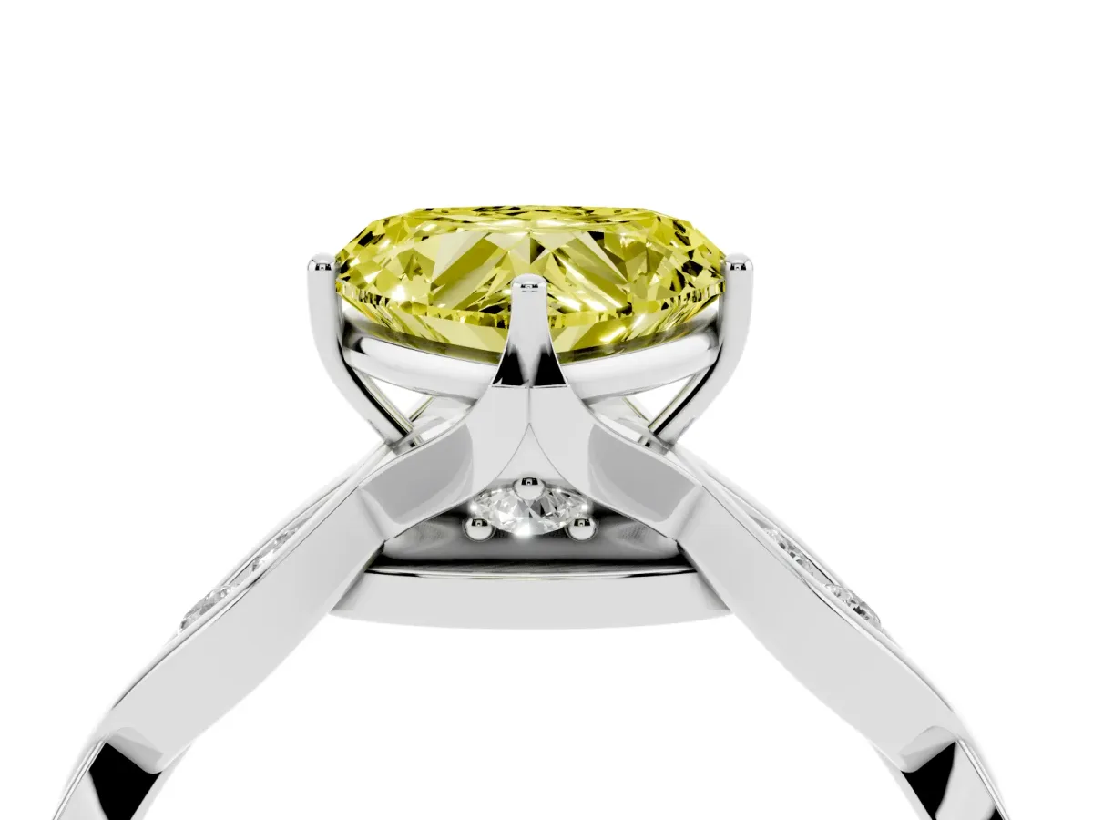 Fancy Yellow Heart Cut Solitaire Twist Band with Leaf Prong Setting White gold
