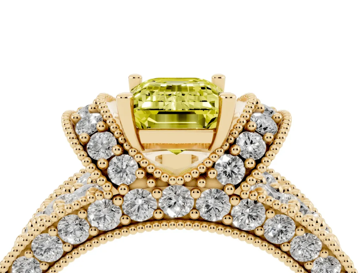 Fancy Yellow Emerald Cut Halo Pave Diamond Engagement Ring with Milgrain Detailing Yellow gold