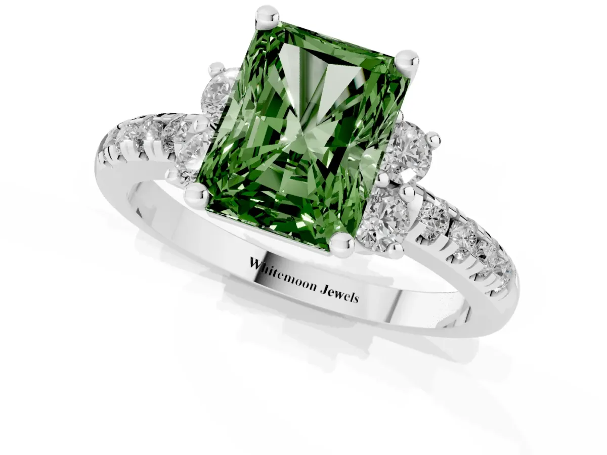 Fancy Green Radiant Cut Diamond Three-Stone Pave Band with Four-Prong Setting Silver
