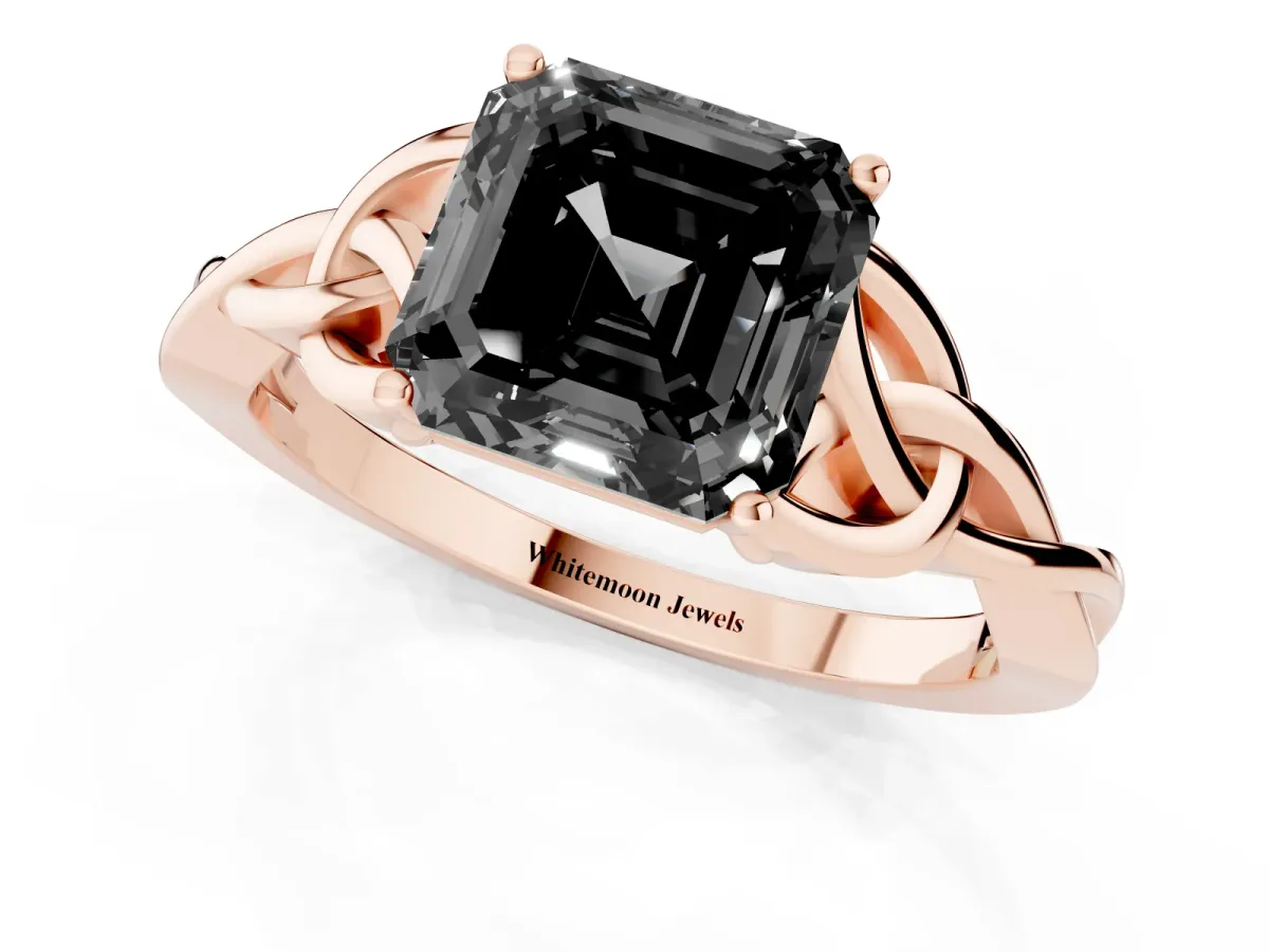 Fancy Black Asscher Cut Diamond Solitaire Engagement Ring with Celtic Knot Band and Four-Prong Setting Rose gold